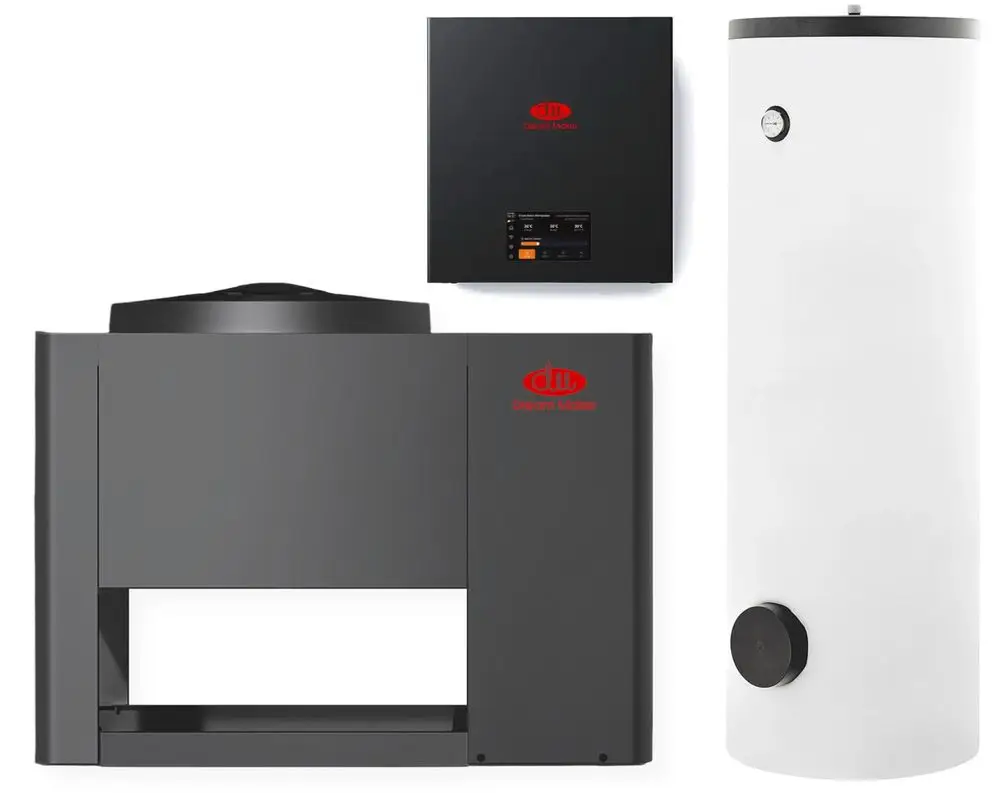 Ensemble aus einem grauen Gerät mit Steuereinheit, einem hydraulischen Modul und einem weißen Speicher, alle mit dem Logo der Marke Dream Maker.